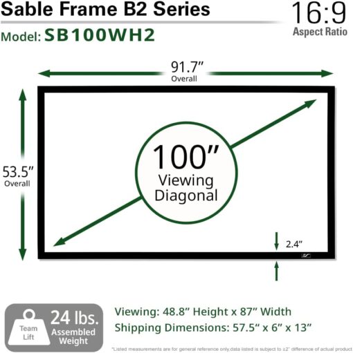 Dòng màn hình Elite Sable Frame B2 là sự lựa chọn hoàn hảo cho trải nghiệm rạp hát tại nhà bóng bẩy đầy phong cách. Màn hình Sable Frame B2 có màn hình Elite Screens CineWhite® UHD-B, vật liệu chiếu phía trước tăng 1,3 theo tỷ lệ khung hình 16:9. Tận hưởng bề mặt trình chiếu siêu phẳng nhờ hệ thống căng lò xo trong khi khung nhôm hoàn thiện bằng nhung đen sang trọng hấp thụ ánh sáng chiếu quá mức của máy chiếu. Sable Frame B2 dễ dàng lắp ráp trong vài phút và sẵn sàng để lắp đặt bằng cách sử dụng bộ lắp đặt và giá treo tường trượt đi kèm.