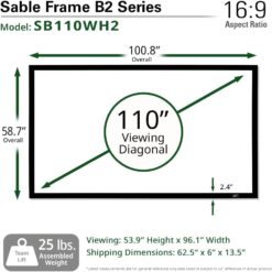 Dòng màn hình Elite Sable Frame B2 là sự lựa chọn hoàn hảo cho trải nghiệm rạp hát tại nhà bóng bẩy đầy phong cách. Màn hình Sable Frame B2 có màn hình Elite Screens CineWhite® UHD-B, vật liệu chiếu phía trước tăng 1,3 theo tỷ lệ khung hình 16:9. Tận hưởng bề mặt trình chiếu siêu phẳng nhờ hệ thống căng lò xo trong khi khung nhôm hoàn thiện bằng nhung đen sang trọng hấp thụ ánh sáng chiếu quá mức của máy chiếu. Sable Frame B2 dễ dàng lắp ráp trong vài phút và sẵn sàng để lắp đặt bằng cách sử dụng bộ lắp đặt và giá treo tường trượt đi kèm.